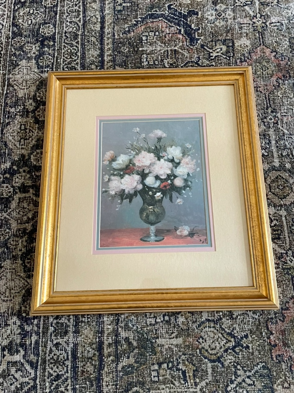 Vintage Gold Framed Floral Still Life with Pink and White Blooms